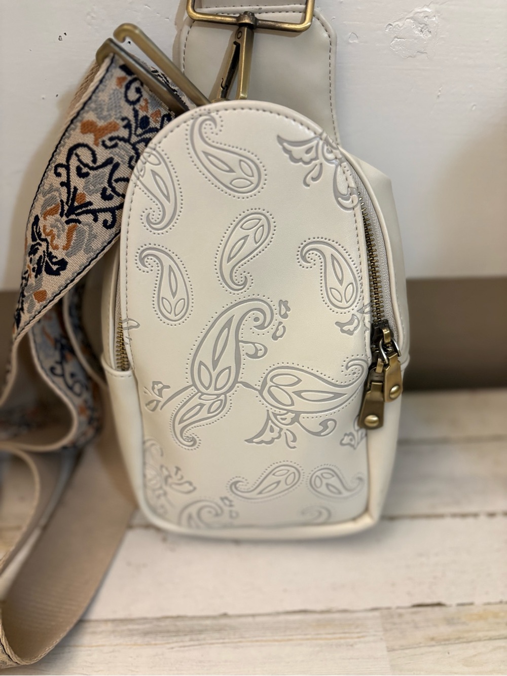Cream Paisley Embossed Crossbody Sling Bag with Patterned Strap - Picture 2 of 7